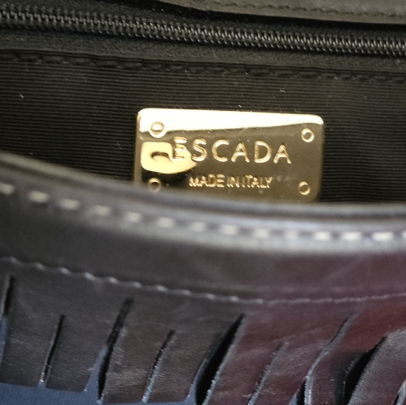 Escada Black Canvas FRINGE Leather Trim Shoulder Bag Interior Snap Closure Inter - Picture 7 of 16